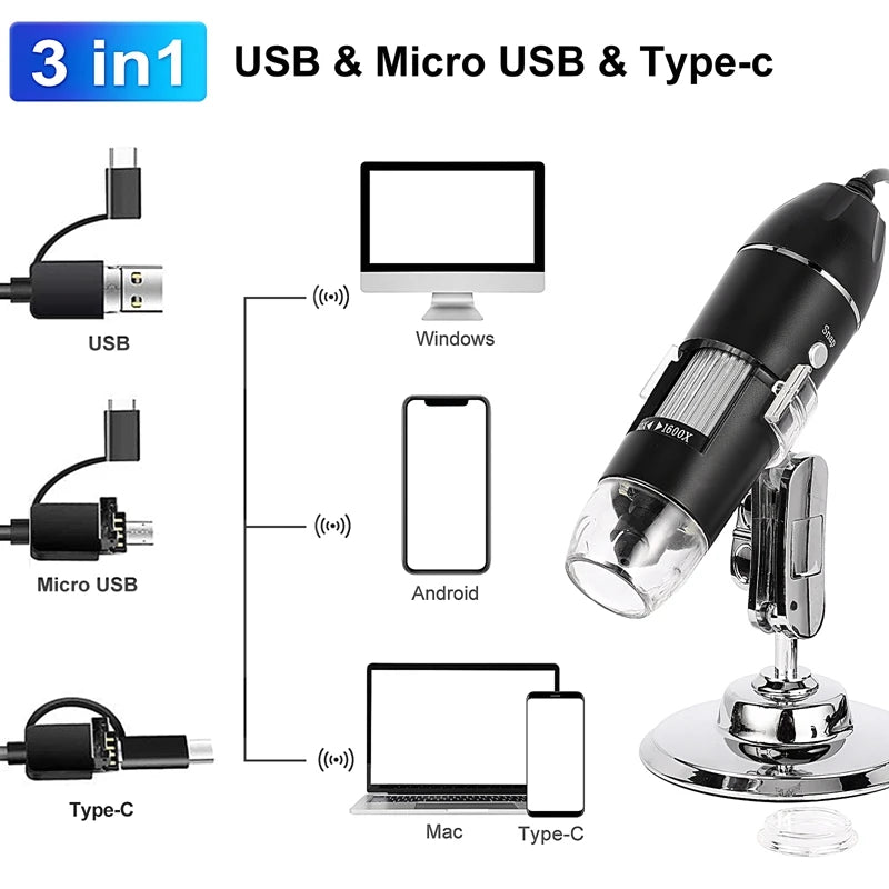 1600X Digital Microscope 3in1 TypeC USB Professional Electronic Microscope With 8LED Endoscope Camera Magnifier For Soldering
