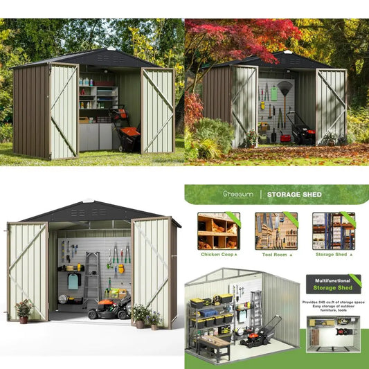 "6x8 foot outdoor metal utility shed with door and lock for garden and patio storage, brown"