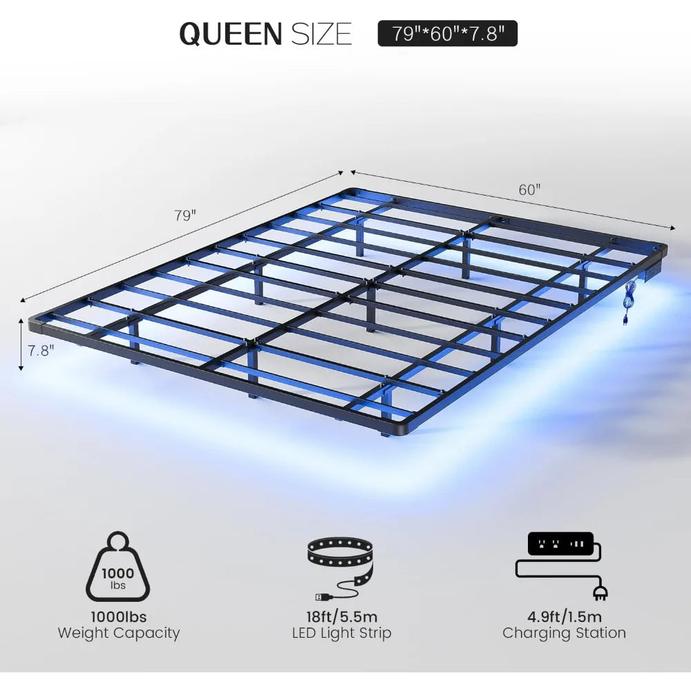 Floating Bed Frame Queen Size with Smart LED Lights and Charging Station - Modern Metal Platform Bed, Easy Assembly No Box