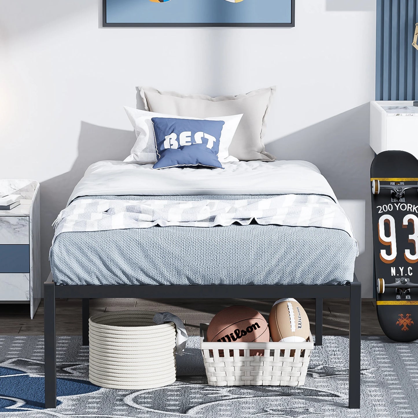 16 Inch Twin Bed Frame Heavy Duty Metal Platform Bed with Underbed Storage, No Box Spring Needed, Easy Assembly