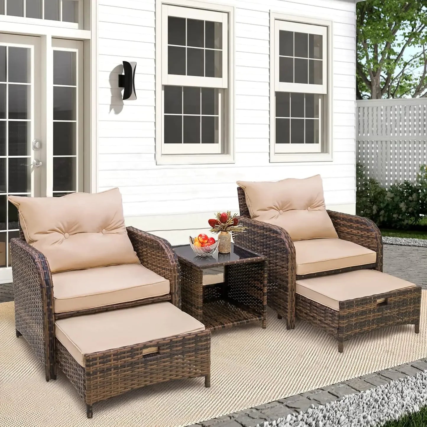 5 Pieces Wicker Outdoor Patio Chairs Set with Ottoman, Patio Furniture Set with Foot Rest Underneath, PE Rattan Garden Arm Chair