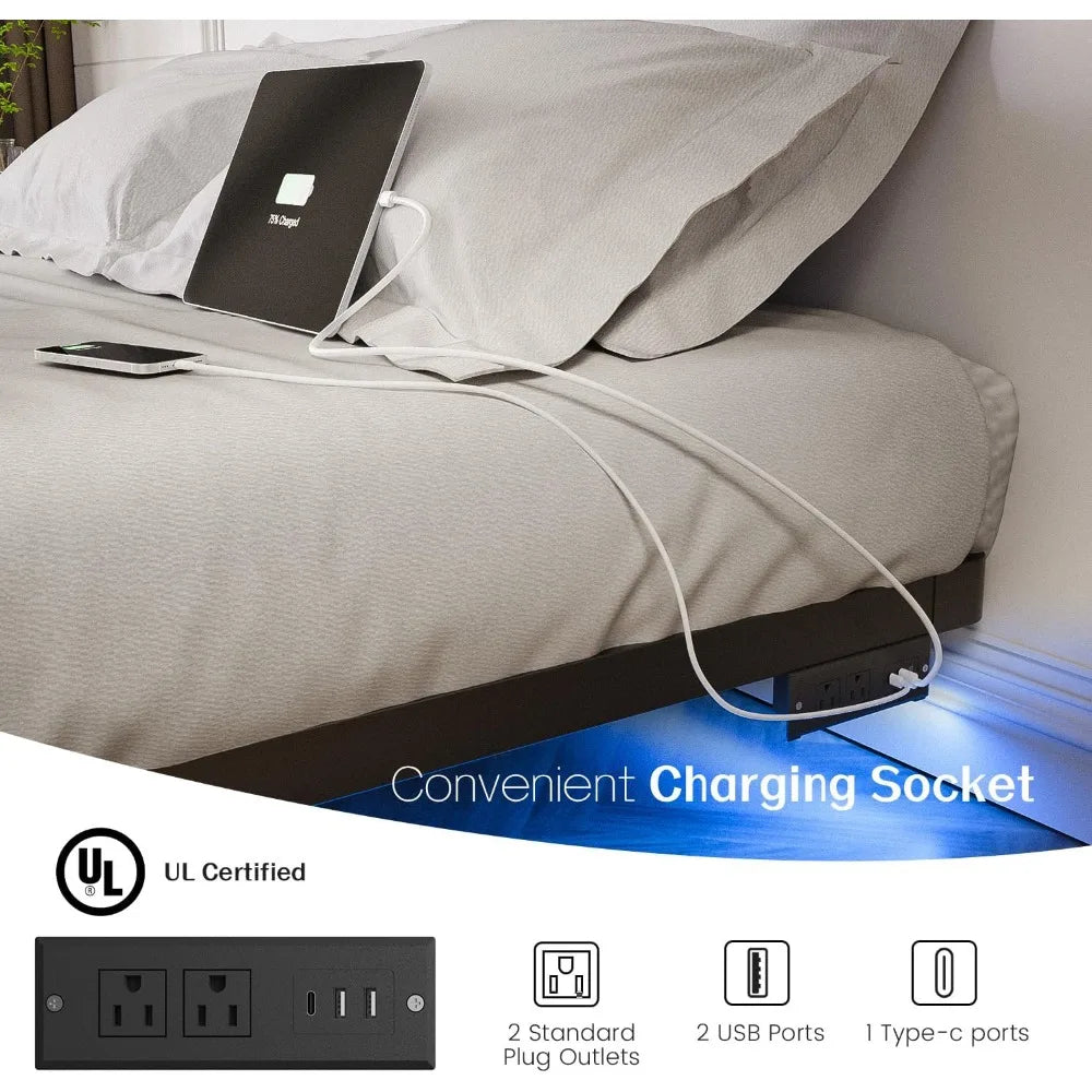 Floating Bed Frame Queen Size with Smart LED Lights and Charging Station - Modern Metal Platform Bed, Easy Assembly No Box