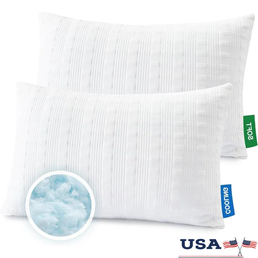 Cooling Bed Pillows Set of 2 Adjustable Loft Shredded Memory Foam No-Flat Design Ergonomic Cooling Fiber Air Circulation Sleep