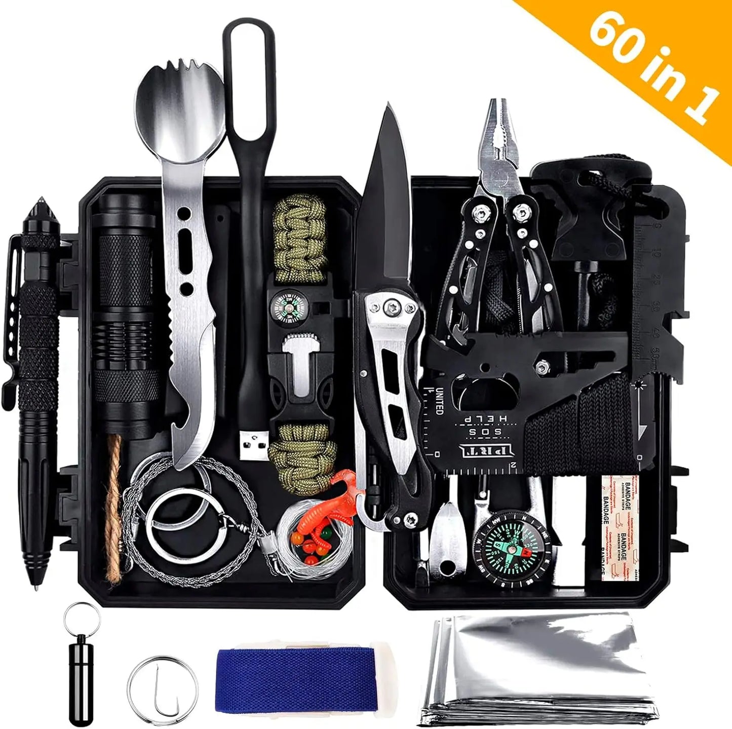 Emergency Survival Gear Kits 60 in 1, Outdoor Survival Tool with Emergency Bracelet Whistle Flashlight Pliers Pen Wire Saw