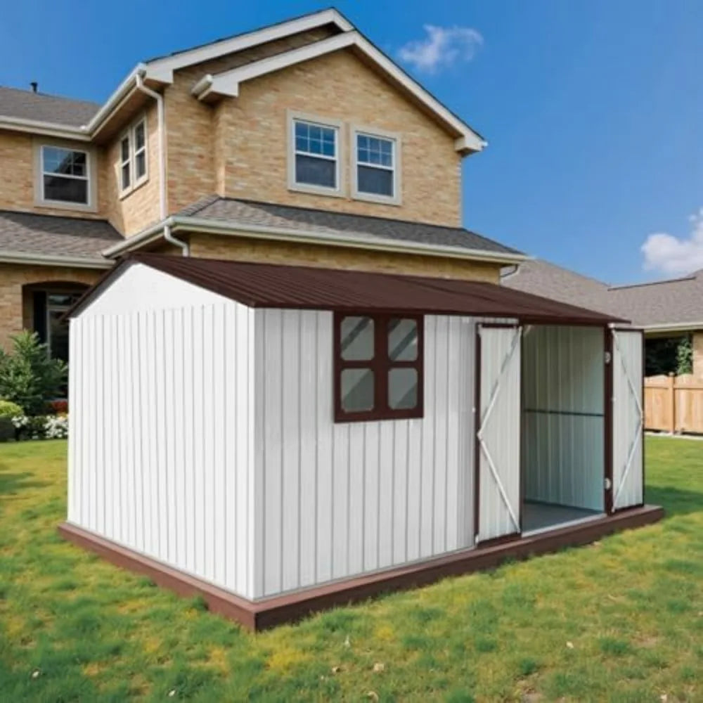 "durable metal outdoor storage shed with ventilation, windows, secure doors, and sloped roof for garden tools and waterproof bic
