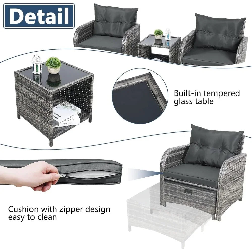 5 Pieces Wicker Outdoor Patio Chairs Set with Ottoman, Patio Furniture Set with Foot Rest Underneath, PE Rattan Garden Arm Chair