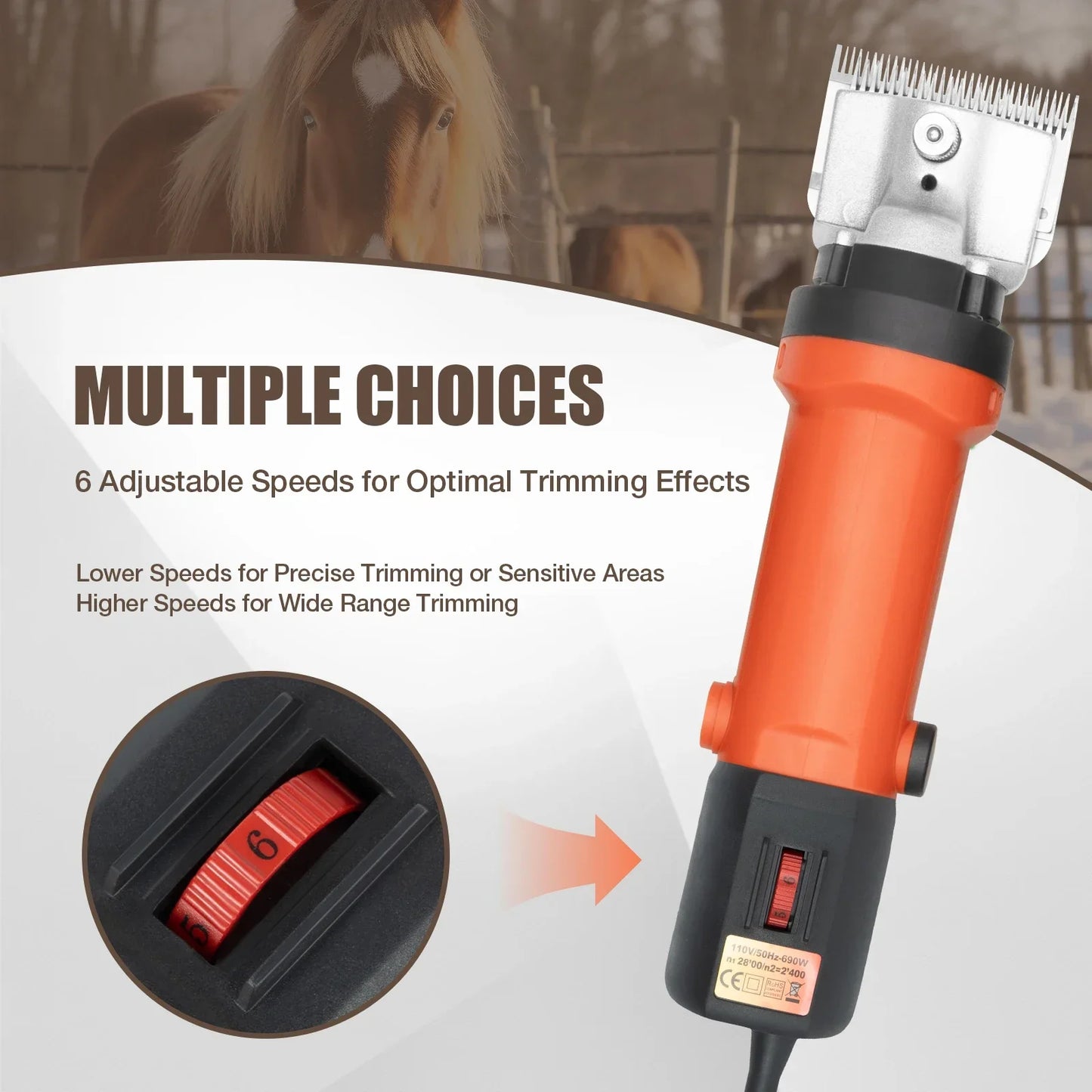 110V 350W Electric Horse Clipper 6 Adjustable Gears Clipper with 75dB Low Noise for Horse and Livestock Trimming