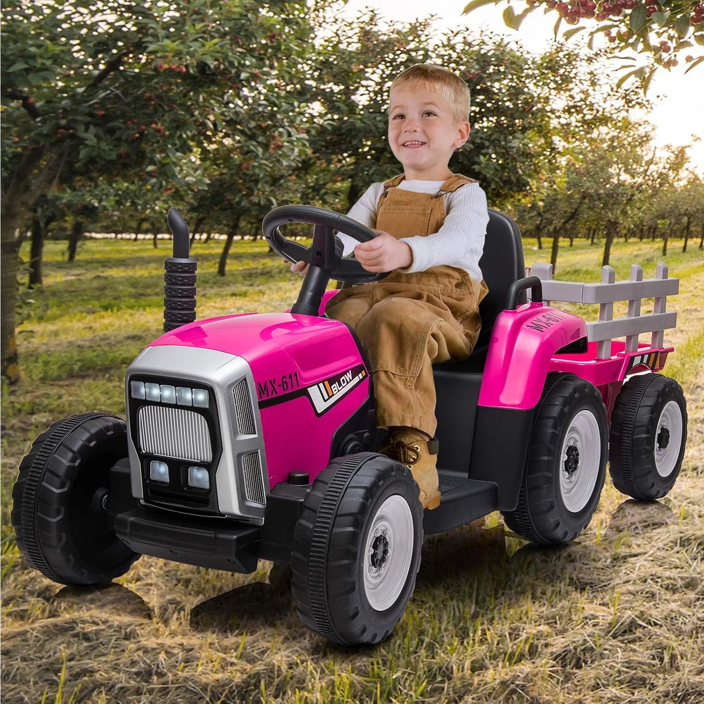 12V Kids Ride On Tractor with Trailer & Remote Control Electric Vehicle Car 2+1 Gear Shift,Music for 3-6 Years Children 25W