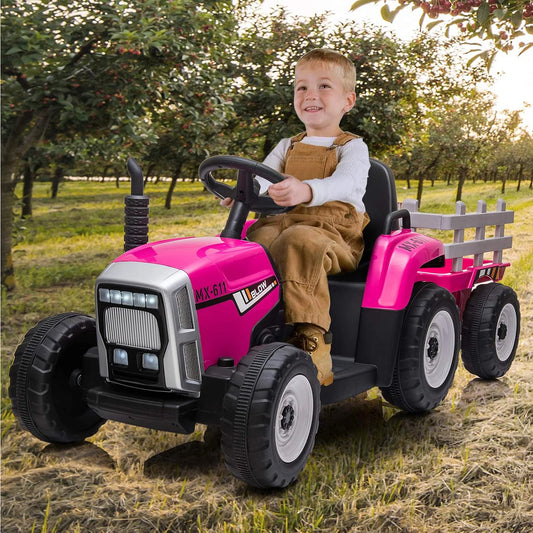 12V Kids Ride On Tractor with Trailer & Remote Control Electric Vehicle Car 2+1 Gear Shift,Music for 3-6 Years Children 25W