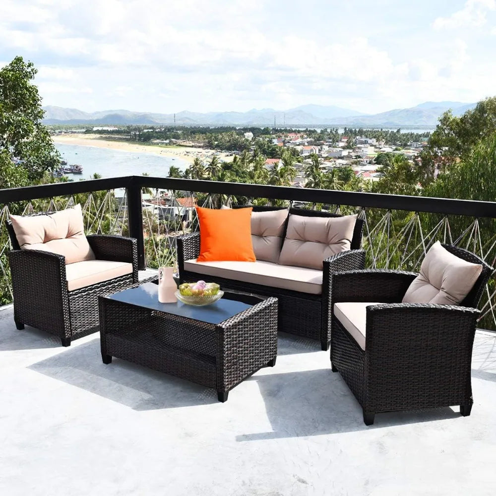 4-Piece Patio Furniture Set, Rattan Wicker Chair Set w/1 Loveseat, 2 Single Sofas, 1 Coffee Table with Tempered Glass Top