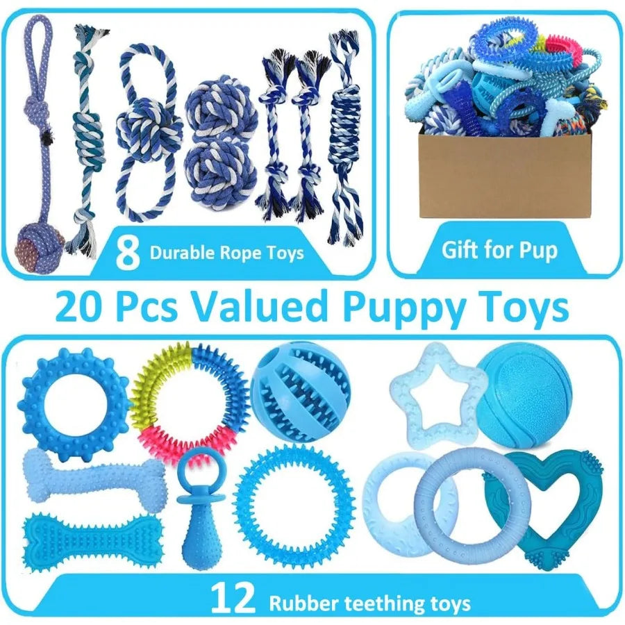 20 Pack Puppy Chew Toys for Small Breeds Blue Dog Teething Rings and Ropes Interactive Blue Rubber Toy Bundle with Durable Chew