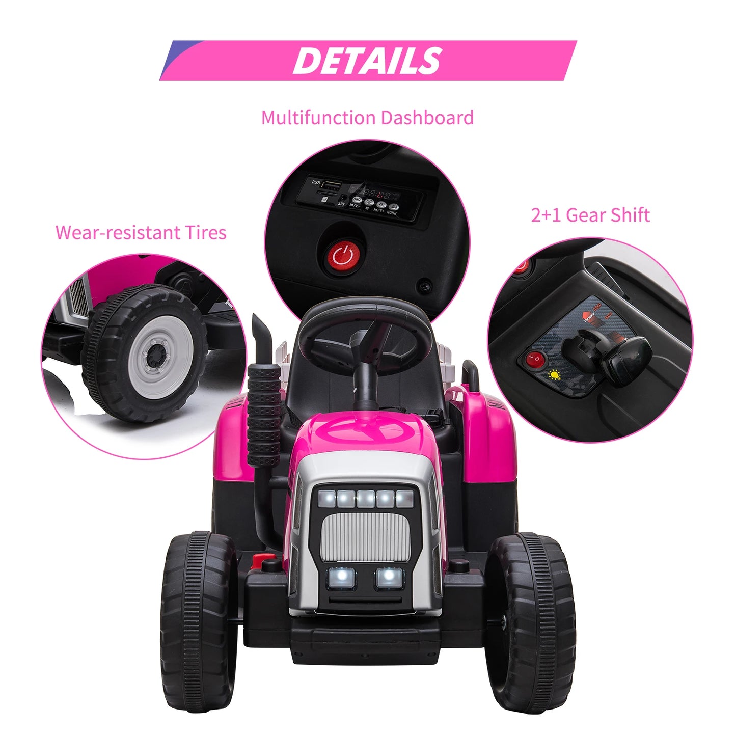 12V Kids Ride On Tractor with Trailer & Remote Control Electric Vehicle Car 2+1 Gear Shift,Music for 3-6 Years Children 25W