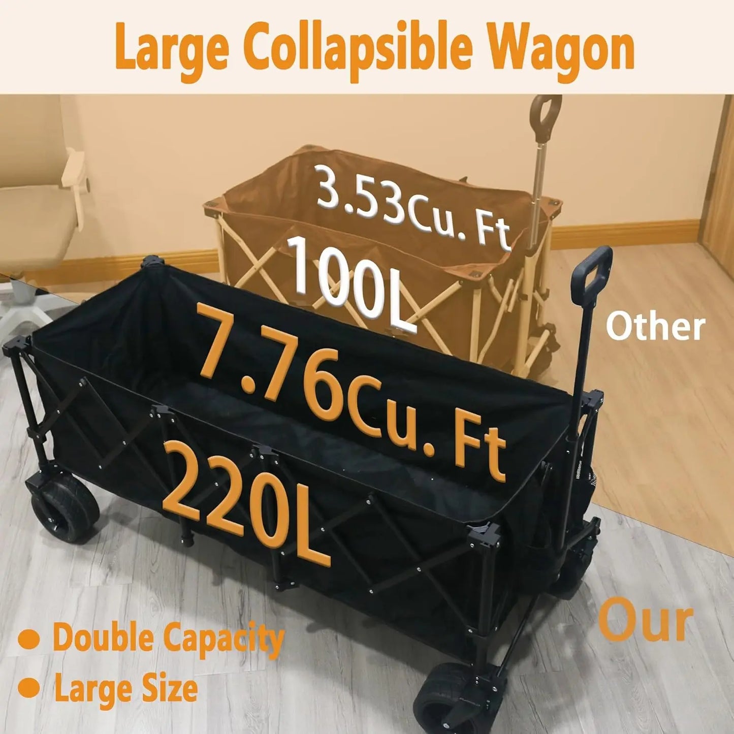 220L Collapsible Foldable Wagon with 350lbs Weight Capacity, Beach Wagon with All-Terrain Wheels & Drink Holders, Heavy Duty Fol
