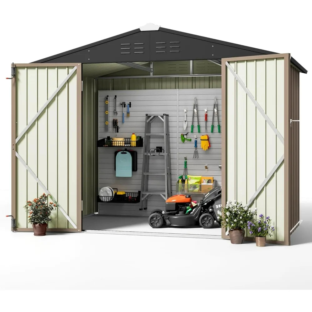 "6x8 foot outdoor metal utility shed with door and lock for garden and patio storage, brown"