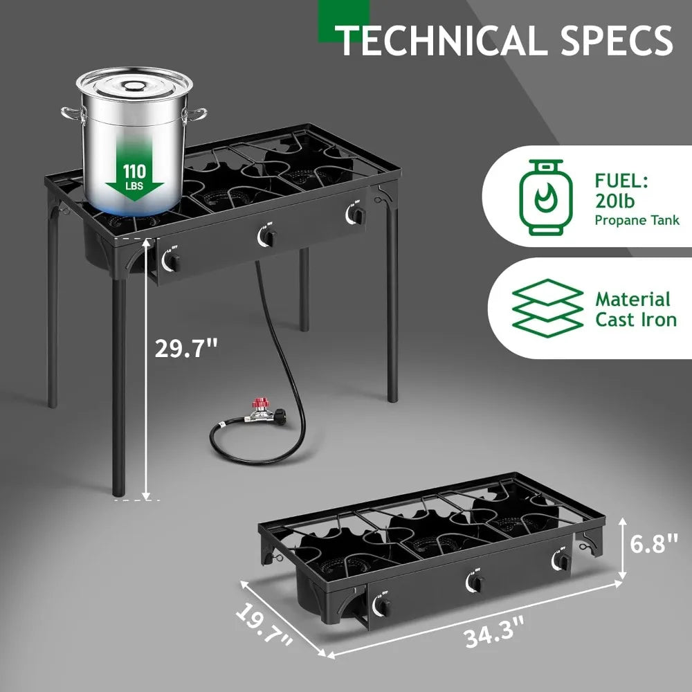 3 burner propane gas stove for outdoor cooking, 225,000 BTU camping stove with removable legs for backyard cooking, barbecue