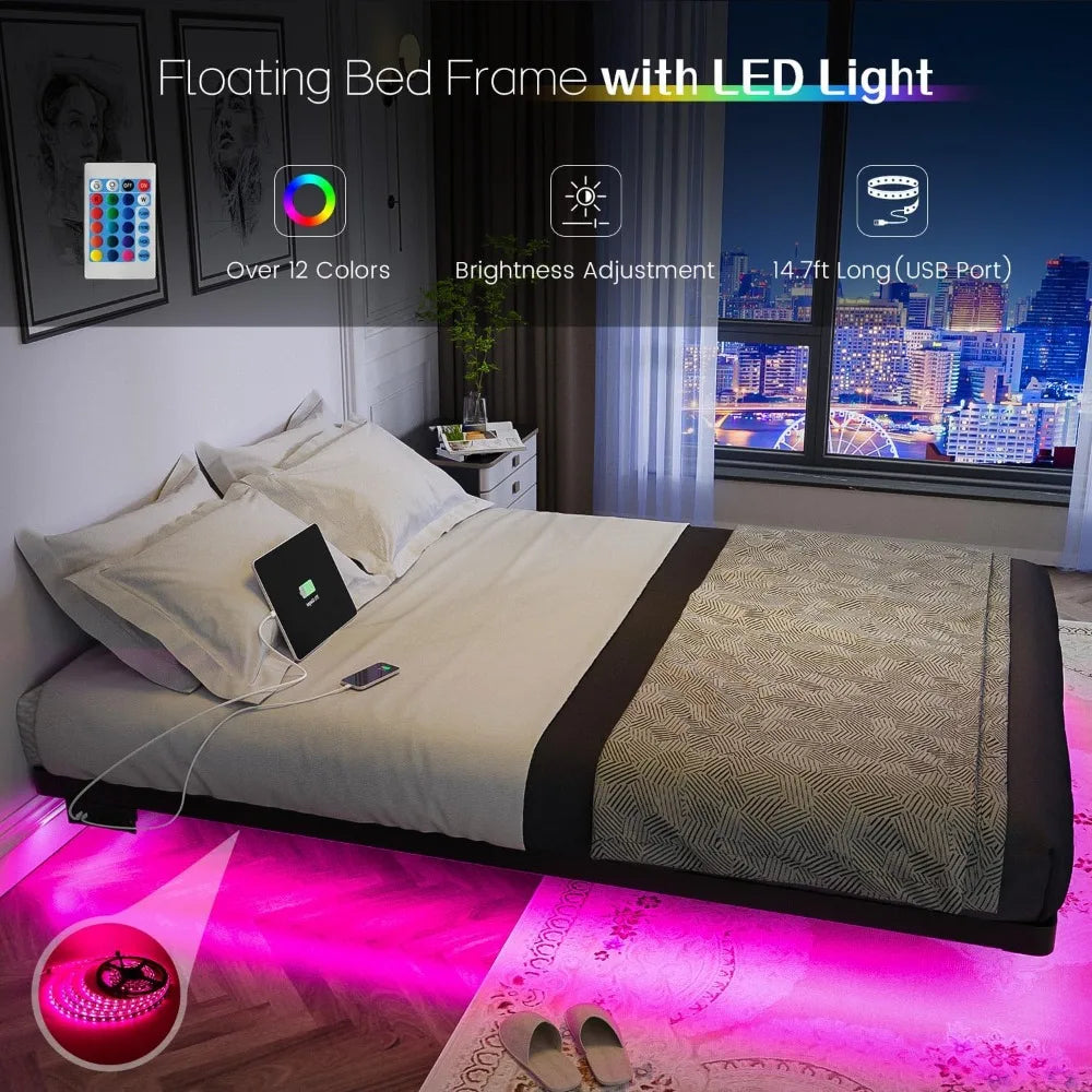 Floating Bed Frame Queen Size with Smart LED Lights and Charging Station - Modern Metal Platform Bed, Easy Assembly No Box