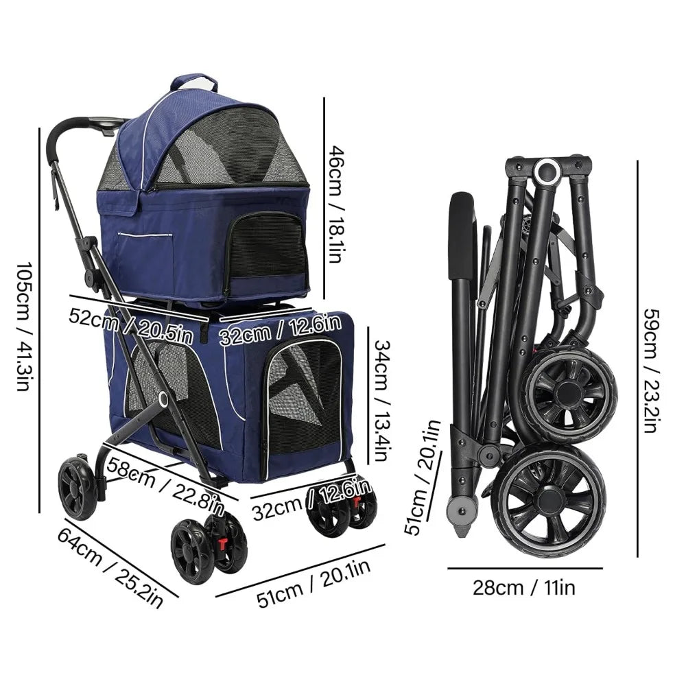 Double Pet Stroller,3.07lbs Dog Cat Carrying Cart,Lightweight Foldable Pet Stroller with 4 Wheels,Blue Portable Compact Pet Trav