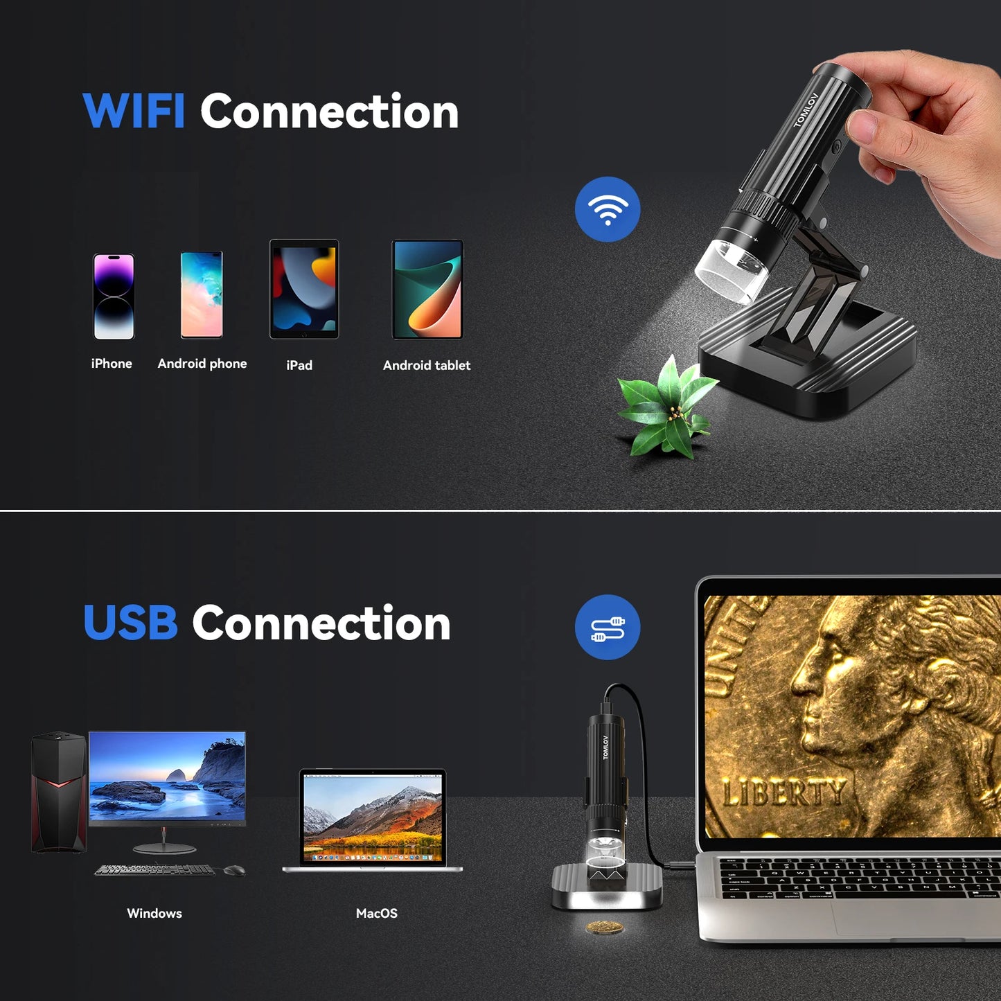 TOMLOV DM1S Wireless Digital Microscope  50X-1000X 1080P HD WiFi Portable Handheld USB Trichome Mini Coin Microscope